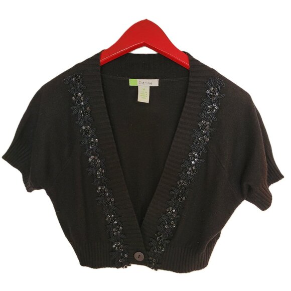 Cashmere Silk KNIT Black Shrug Short Sleeve Accent Details Size M - Picture 2 of 8